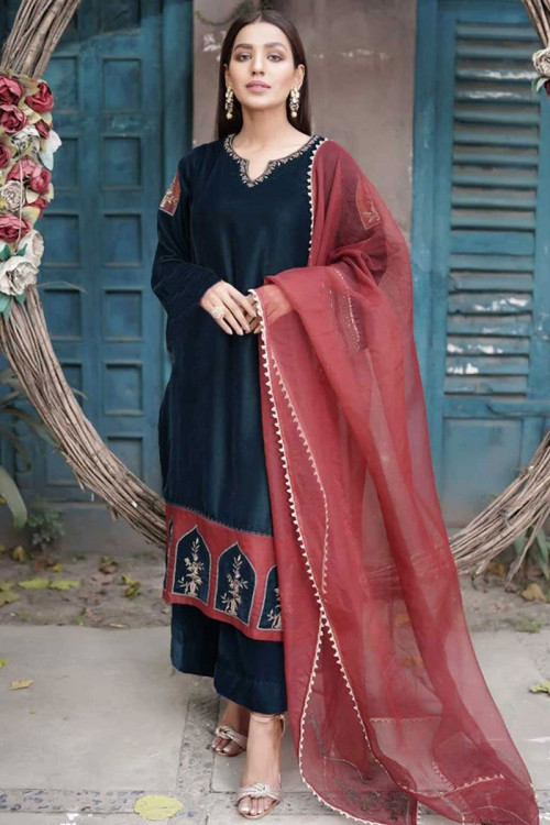 Maroon Velvet Pakistani Palazzo Suit 273410