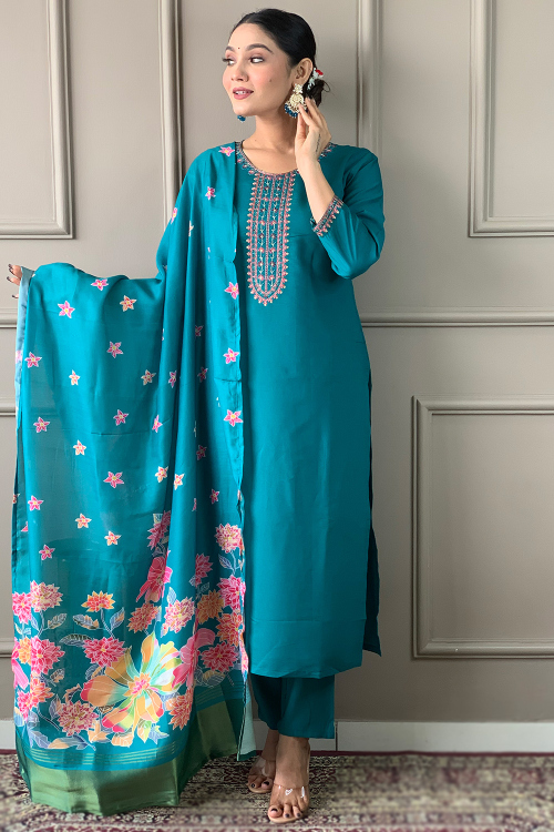 Teal Blue Viscose Ready Made Embroidered Straight Cut Trouser Suit