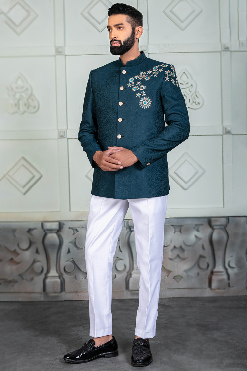 Teal Blue Weaved Thread Silk Men's Jodhpuri Style Sherwani 