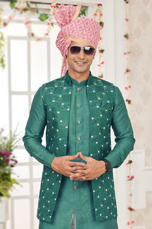 Teal Green Art Silk Embroidered Men's Nehru Jacket