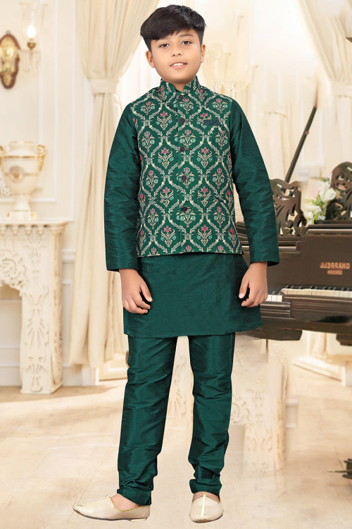 Teal Green Art Silk Jacket Style Boy's Kurta Pajama