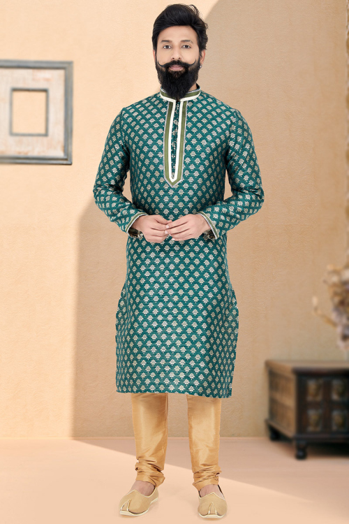 Teal Green Brocade Embroidered Men Kurta Pajama