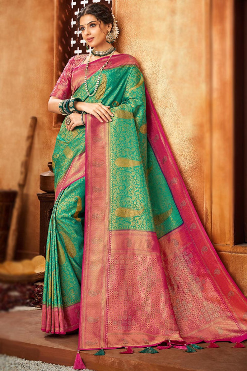 Light Bottle Green Banarasi Silk Saree With Beautiful Blouse – Bahuji -  Online Fashion & Lifestyle Store