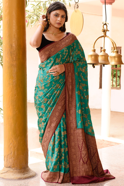 Teal Green Chiffon Woven Zari Broad Border Saree