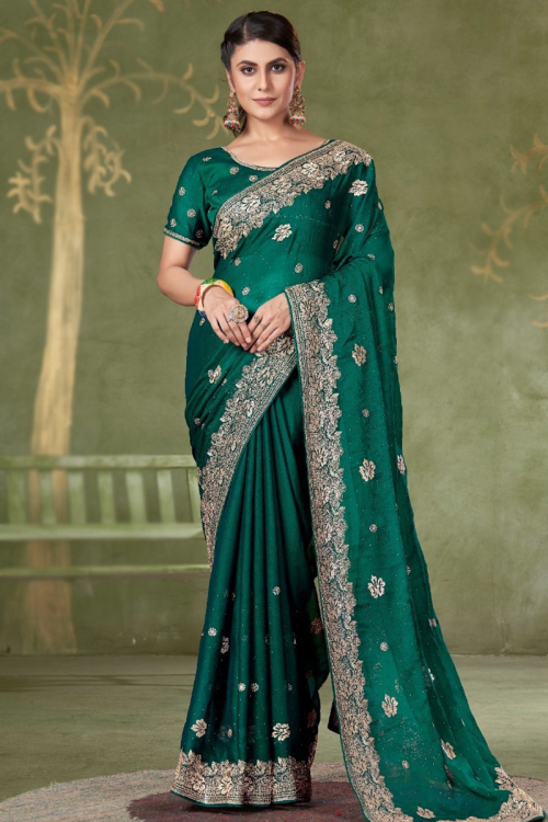 Teal Green Chiffon Zari Embroidered Light Weight Saree 