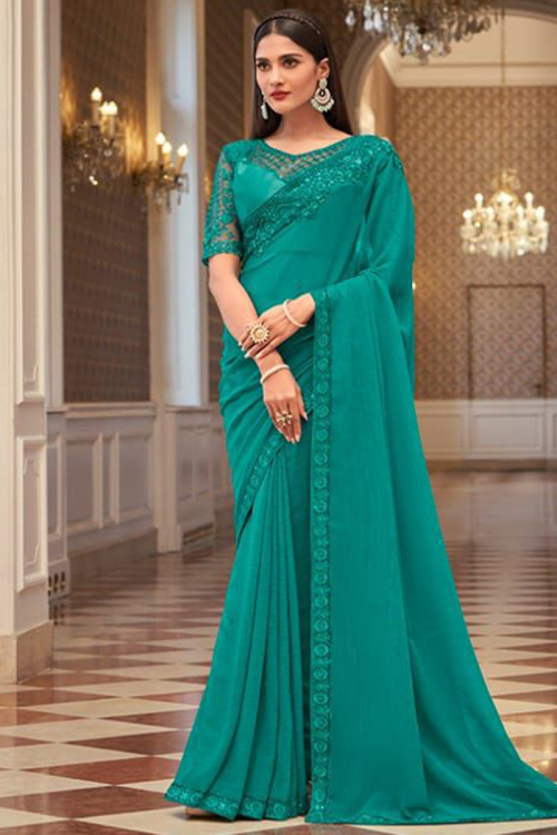 Teal Green Chinnon Embroidered Saree
