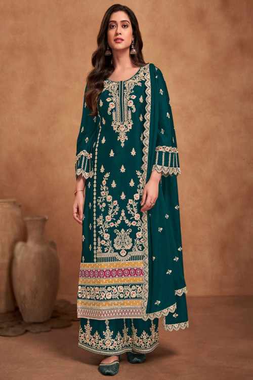 Teal Green Chinnon Embroidered Straight Cut Palazzo Suit 