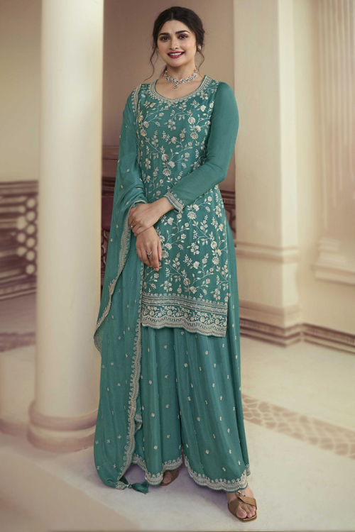 Teal Green Chinnon Embroidered Straight Cut Palazzo Suit