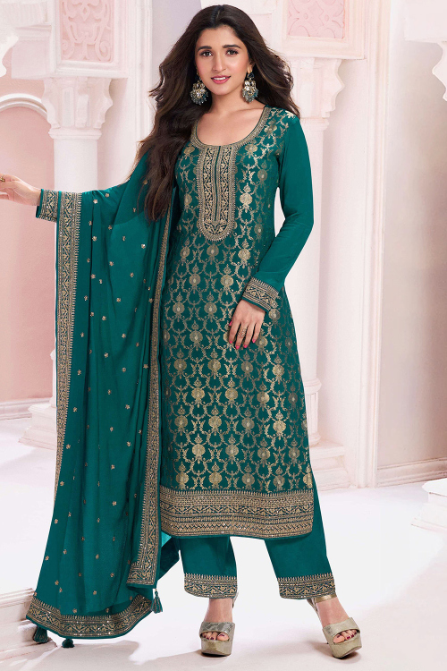 Teal Green Chinnon Embroidered Sequin Trouser Suit