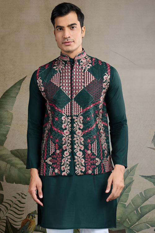 Teal Green Cotton Men's Kurta with Embroidered Jacket for Diwali 