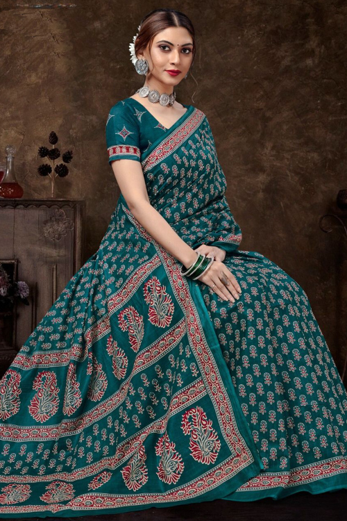Teal Green Cotton Printed Casual Wear Saree 