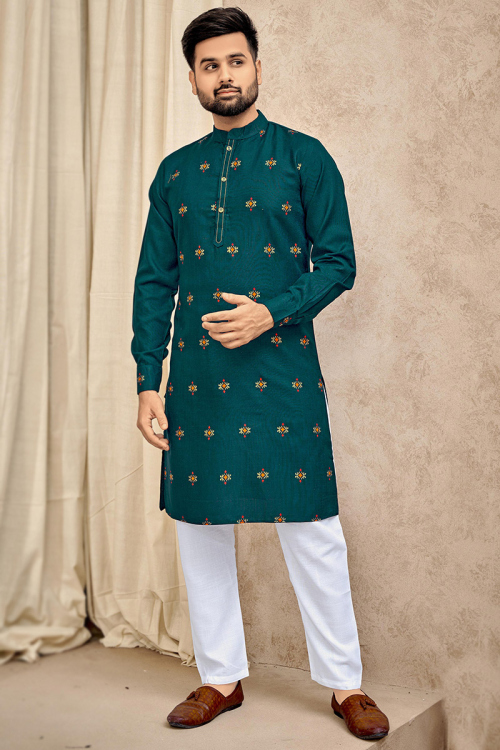 Teal Green Cotton Printed Men Kurta Pajama