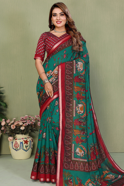 Teal Green Cotton Saree With Printed Work for Festival