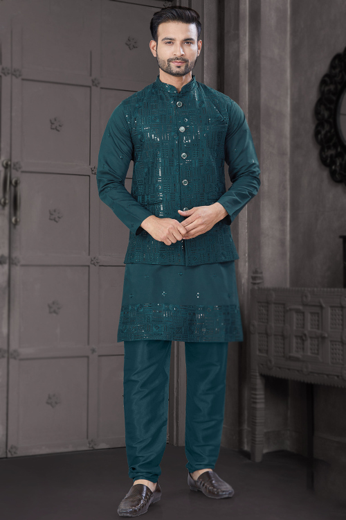 Teal Green Cotton Silk Jacket Style Men's Churidar Kurta