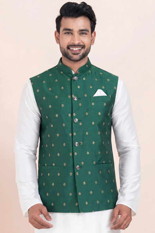 Teal Green Cotton Silk Men&#039;s Waist Coat With Woven Zari Work For Festival
