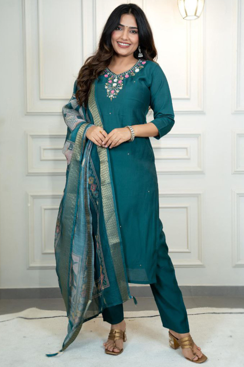 Teal Green Cotton Silk Trouser Suit With Sequins Work For Festival