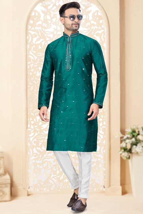 Teal Green Dupion Silk Embroidered Straight Cut Men's Kurta Pajama