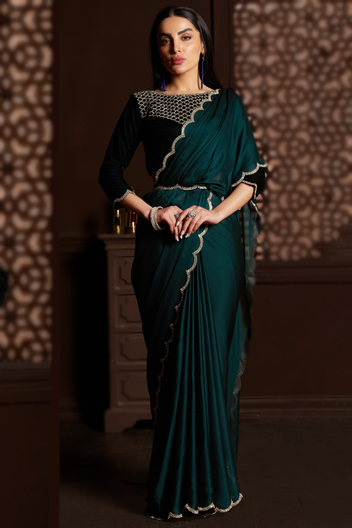 Teal Green Fancy Chiffon Saree For Mehndi 