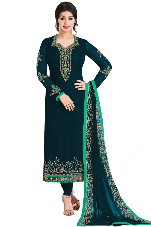 Teal Green Georgette Embroidered Indian Churidar Suit