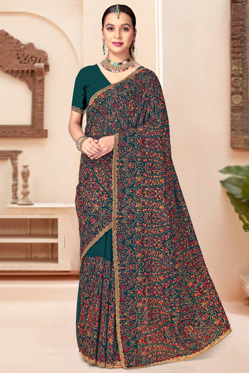 Teal Green Georgette Saree With Stone Work For Festival
