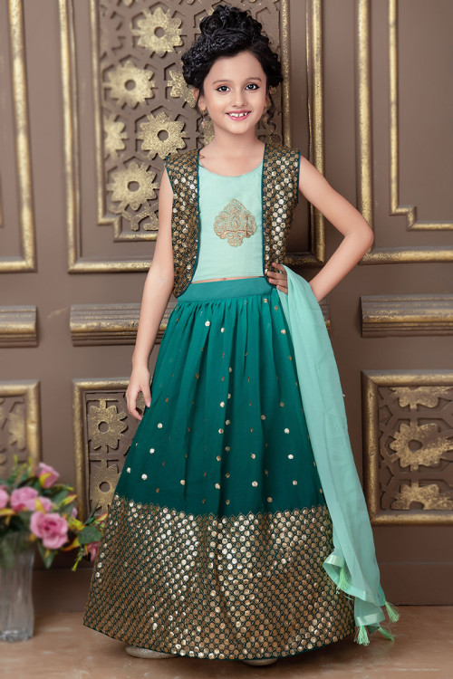 Teal Green Georgette Sequins Embroidered Lehenga