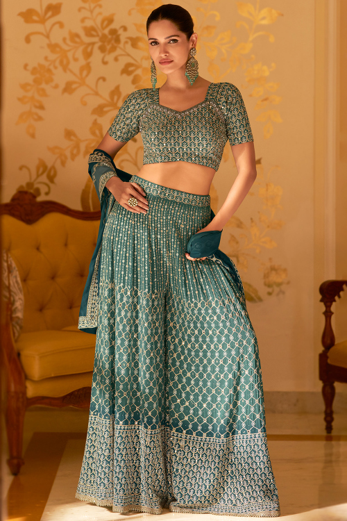 Teal Green Indo-Western Georgette Palazzo Suit for Festival 