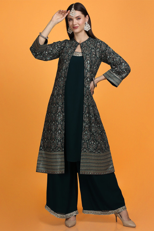 Teal Green Jacket Style Suit With Palazzo Pant for Eid