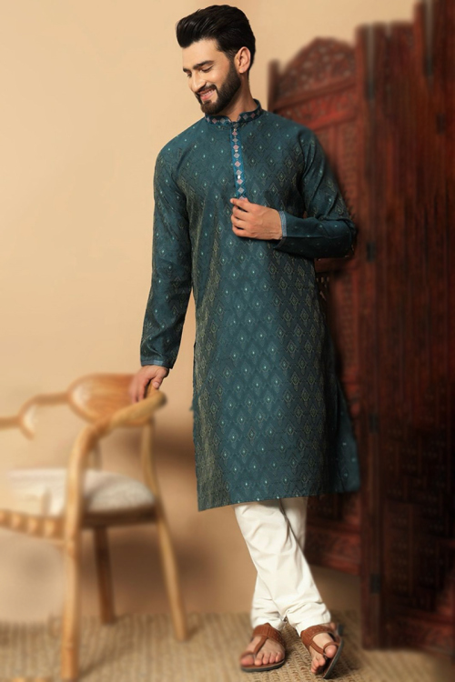 Teal Green Jacquard Weaved Thread Men's Kurta Pajama 