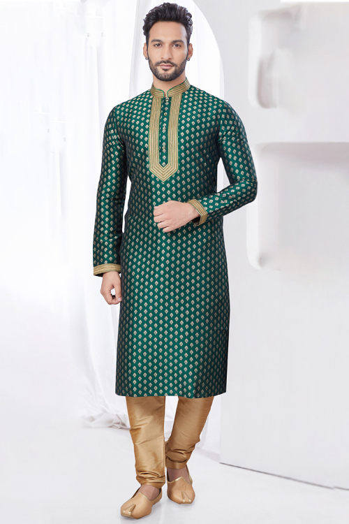Teal Green Jacquard Weaved Thread Straight Cut Men's Kurta Churidar for Wedding & Party