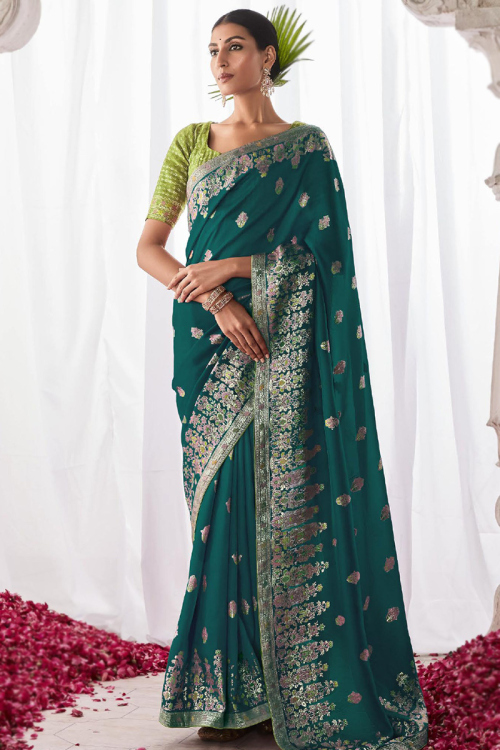 Teal Green Kora Silk Weaved Traditional Saree 