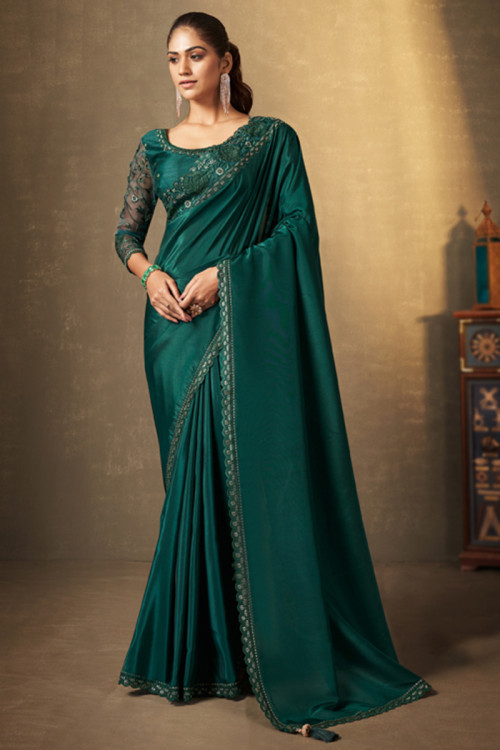 Teal Green Lace Embroidered Satin Light Weight Saree