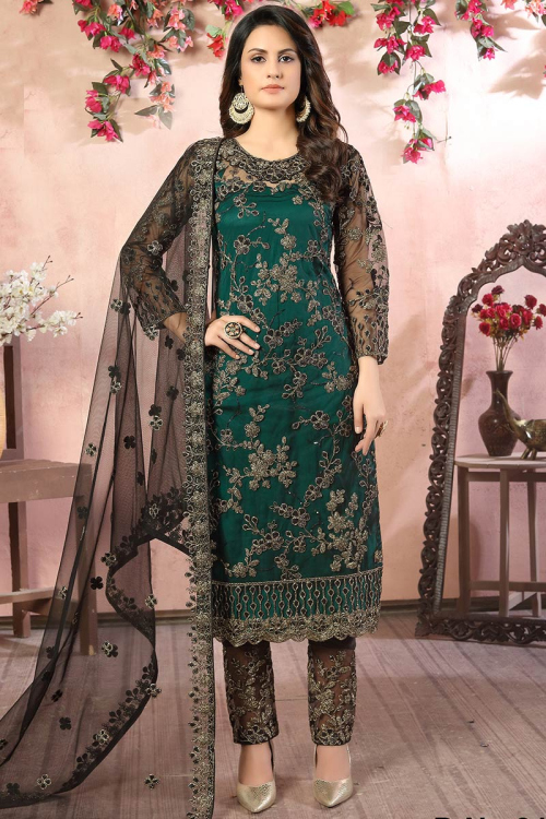 Teal Green Net Straight Cut Wedding Indian Trouser Suit