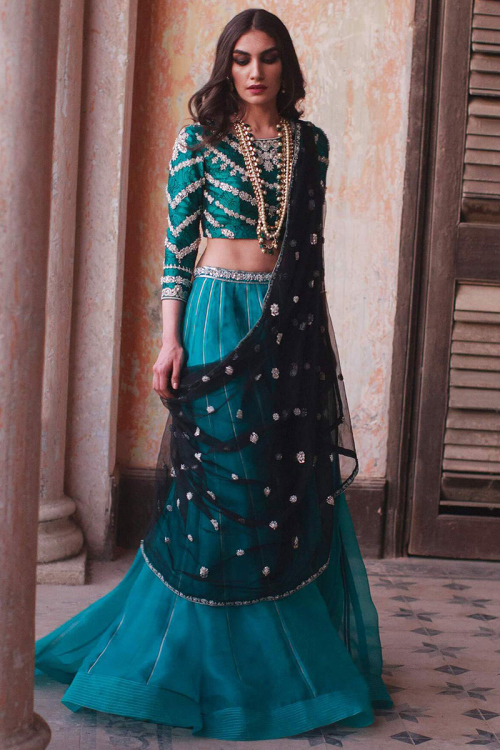 Teal Green Organza A-Line Wedding Wear Lehenga