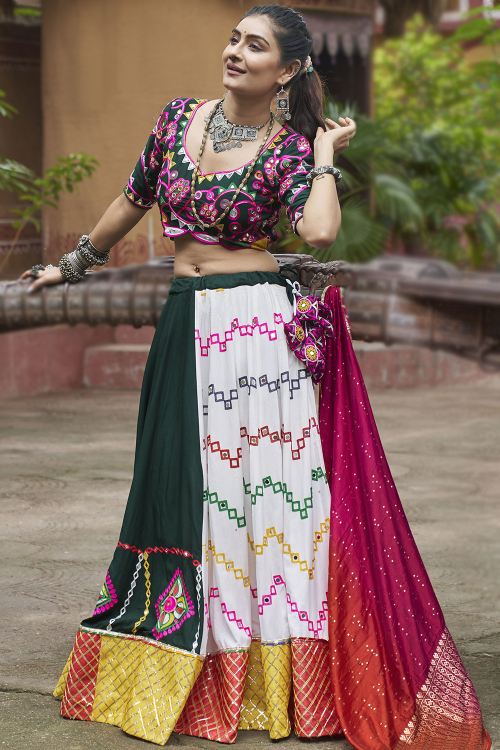 Teal Green Rayon Embroidered Ready Made Navratri Lehenga
