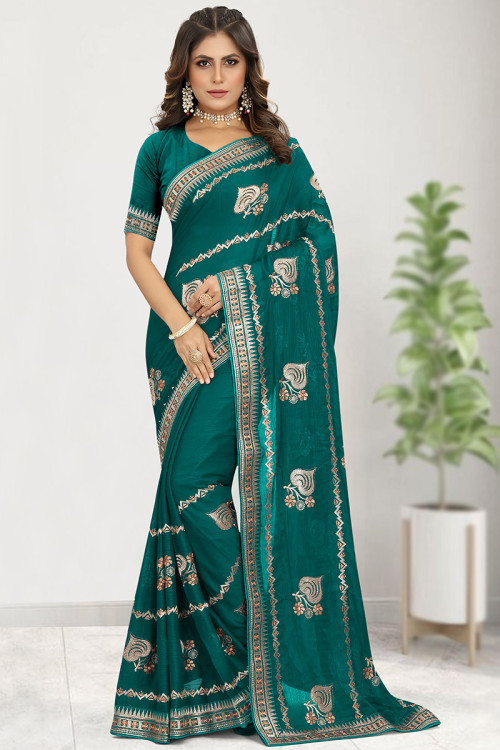 Online Fashion Shopping Lace Embroidered Silk Dark Green Saree SARV136574
