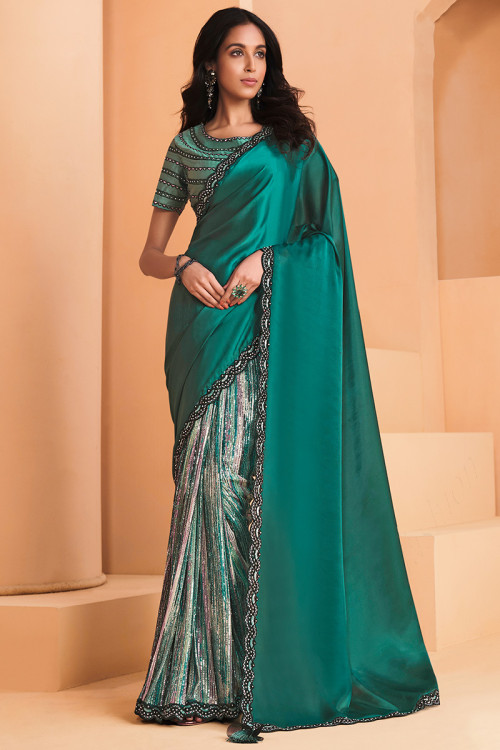 Sea green satin silk saree with blouse 21810