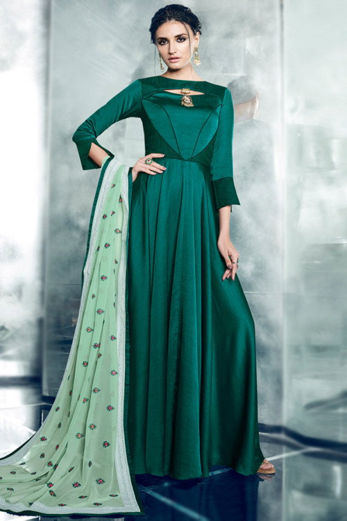 Trendy Teal Green Satin Silk Plain Anarkali Suit LSTV117073