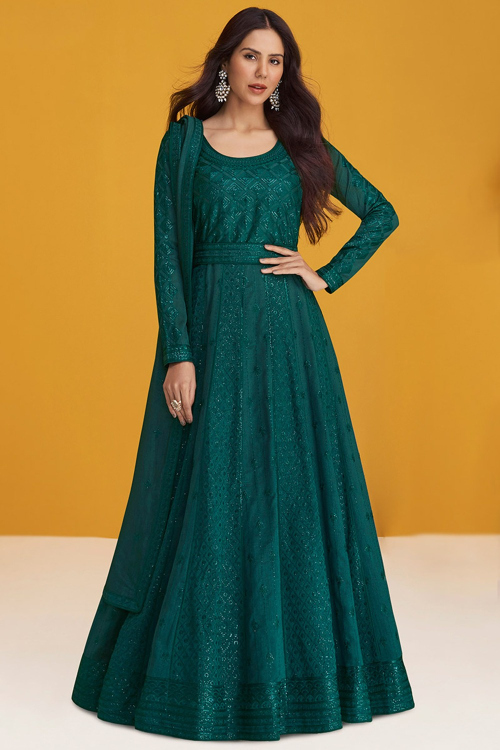 Teal Green Silk Embroidered Anarkali Suit