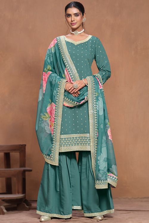 Teal Green Silk Embroidered Straight Cut Sharara Suit