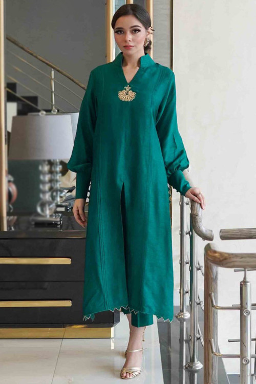Teal Green Silk Plain Trouser Suit for Eid