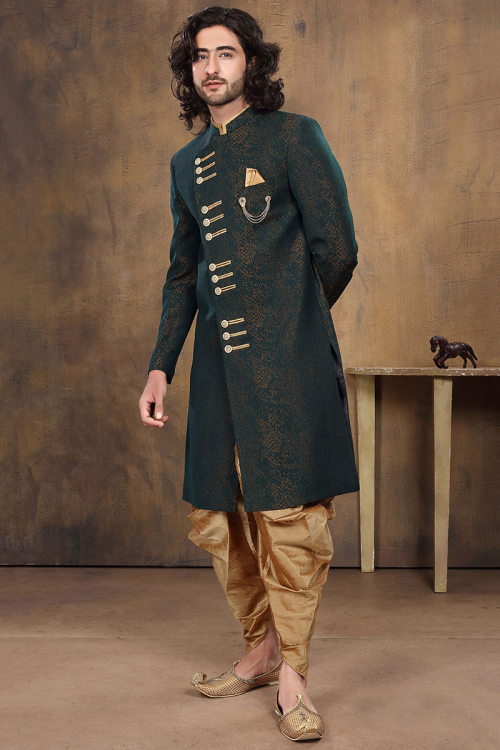 Teal Green Silk Printed Men Sherwani
