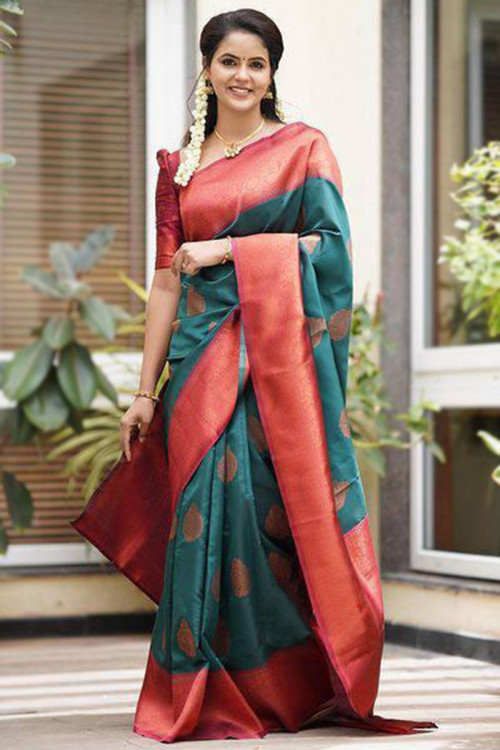Teal Green Silk Weaved Zari Broad Border Traditional Saree