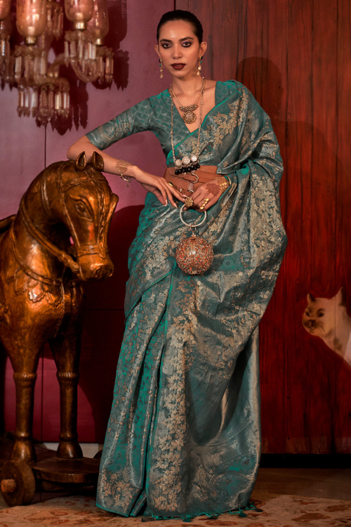 Teal Green Silk Woven Zari Banarasi Saree