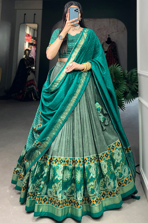 Teal Green Soft Silk Lehenga with Printed Work for Diwali 