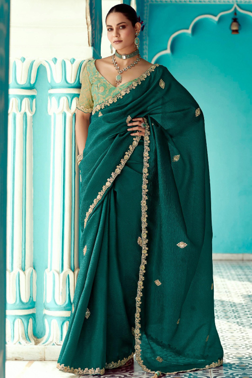 Teal Green Tissue Embroidered Shimmer Saree 