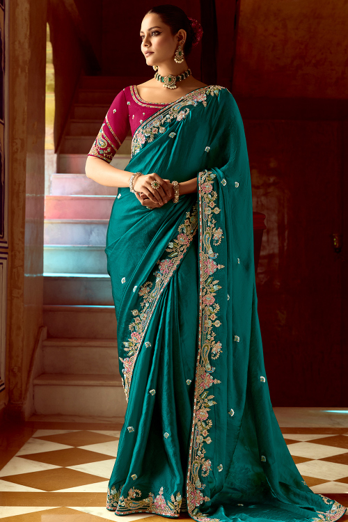 Teal Green Tissue Silk Embroidered Light Weight Saree