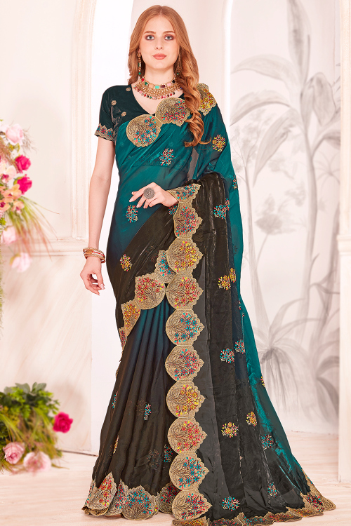 Teal Green Tissue Silk Saree With Printed Work For Festival