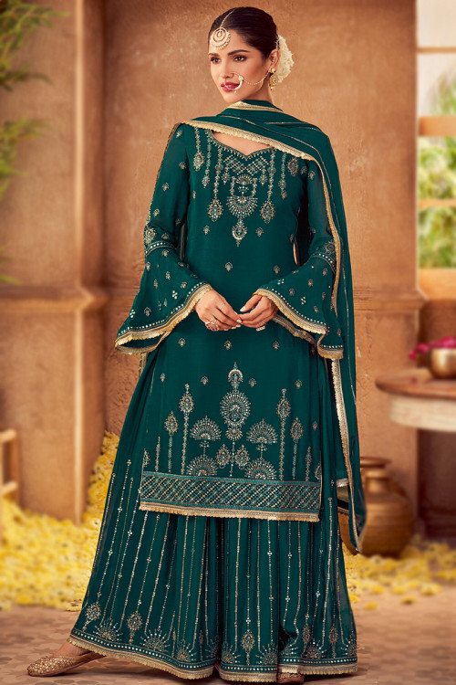 Teal Green Viscose Embroidered Eid Wear Sharara Suit 
