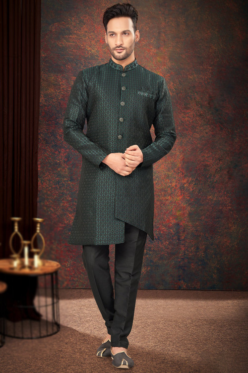 Teal Green Weaved Thread Jacquard Asymmetrical Men's Sherwani