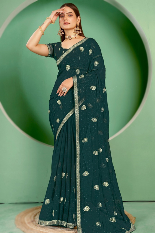 Teal Green Zari Embroidered Chiffon Shimmer Saree